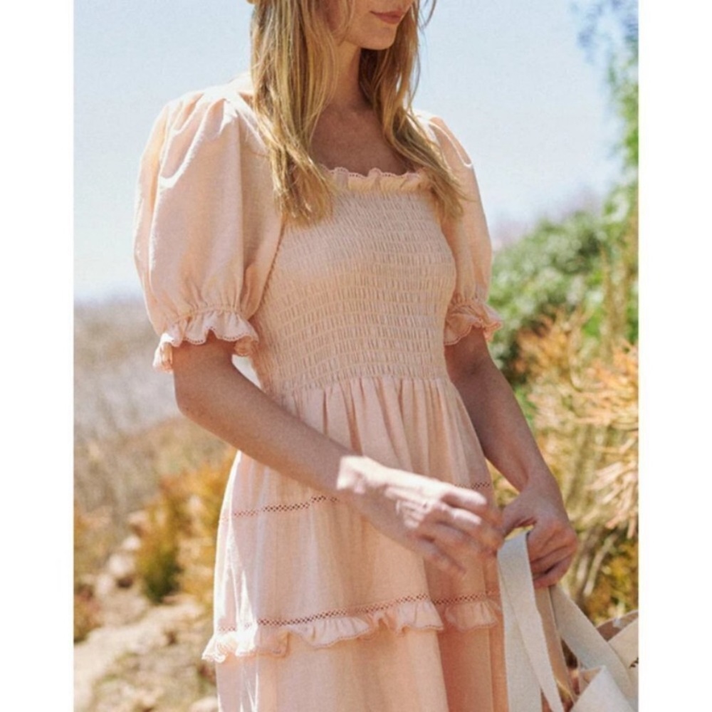THE GREAT. The Scallop Savanna Dress in Light Peach - Picture 2 of 14